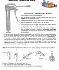 Instructions and diagram for loading a midget grease gun with cartridge, showing components and steps.