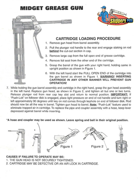 Instructions and diagram for loading a midget grease gun with cartridge, showing components and steps.