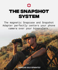 Man using Snapshot Bino Adapter Magnetic Eyepiece For Binoculars And Smartphone Digiscoping Rig in outdoor setting.