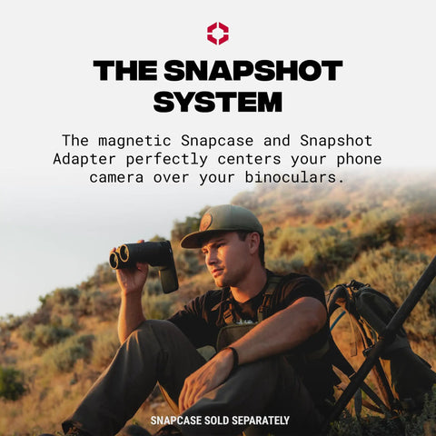 Man using Snapshot Bino Adapter Magnetic Eyepiece For Binoculars And Smartphone Digiscoping Rig in outdoor setting.