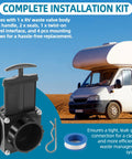 3-Inch RV Waste Valve Body With Handle For Mess-Free Sewer Connection, shown with complete installation kit and motorhome backdrop