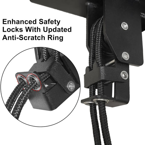 Close-up of the Upgrade Garage Ceiling Hoist System For Overhead Storage Beefed Up Heavy Duty Pulley with safety locks.