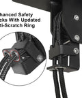 Close-up of the Garage Ceiling Kayak Hoist System With Safety Straps, Heavy Duty Pulley, anti-scratch rings, black, space saving.