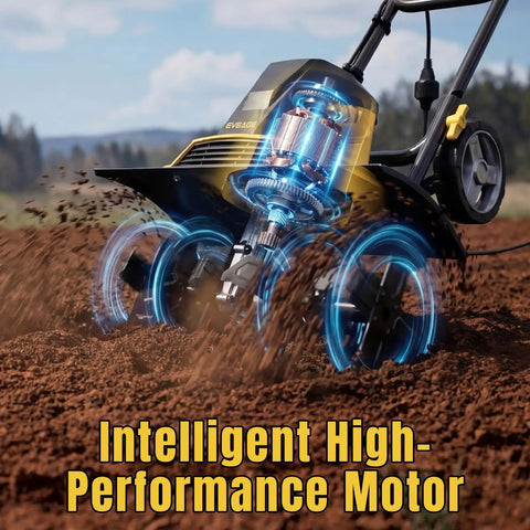 Powerful 13.5 Amp Electric Tiller Cultivator with high-performance motor demonstrating soil tilling.
