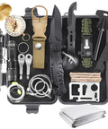 Dope 28 In 1 Survival Kit For Outdoor Lovers It Does It All Emergency Gear including knives and tools displayed in case