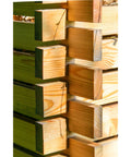 Corner view of Green Label Larch Wood Composter With Plug In System, showing interlocking solid wood panels for outdoor use.