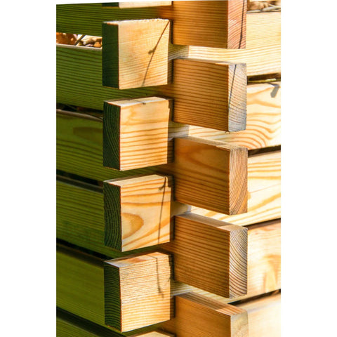 Corner view of Green Label Larch Wood Composter With Plug In System, showing interlocking solid wood panels for outdoor use.
