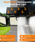 Outdoor Solar Motion Lights For Deck Quick Charge High Brightness With Large Tempered Glass Panel Sensitive PIR Motion Sensor Remote Included 2 Pack Bundle showing light on panel and LED display.