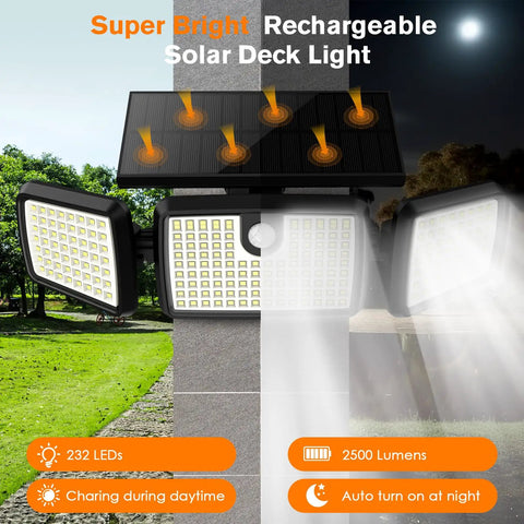 Outdoor Solar Motion Lights For Deck Quick Charge High Brightness With Large Tempered Glass Panel Sensitive PIR Motion Sensor Remote Included 2 Pack Bundle showing light on panel and LED display.