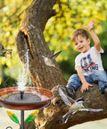 Metal Bird Bath And Feeder Stand For Outdoors, 38.8 Inch Detachable Birdbath With Hummingbird Flower Reliefs in garden with birds and child