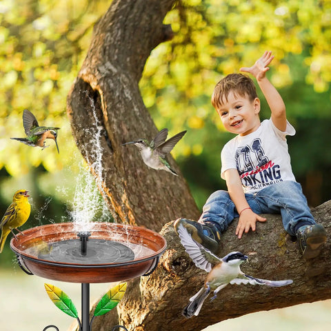 Metal Bird Bath And Feeder Stand For Outdoors, 38.8 Inch Detachable Birdbath With Hummingbird Flower Reliefs in garden with birds and child