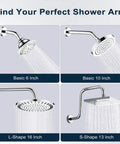Comparison of various shower arms including 13 Inch Shower Head Extension Arm With Flange S Shaped High Rise Extender Long Stainless Steel Rainfall Pipe Arm Chrome Finish For Taller Showers And Spa Like Waterfall Rain Shower.