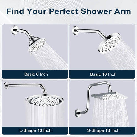 Comparison of various shower arms including 13 Inch Shower Head Extension Arm With Flange S Shaped High Rise Extender Long Stainless Steel Rainfall Pipe Arm Chrome Finish For Taller Showers And Spa Like Waterfall Rain Shower.