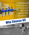 All In One Heavy Duty 1/4 Inch NPT Five Stage Air Filter Regulator Lubricator Combo With Water Separator And Coalescing 0.01 Micron Cartridge Plus Five Micron Pre Filter Dual Desiccant Dryers Blue, mounted on workshop wall.