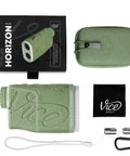 Horizon Golf Laser Rangefinder With External Slope Switch For On Course Play, 900 Yard Range, box, and accessories displayed