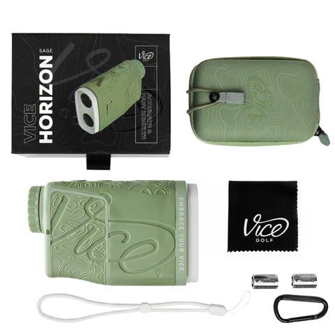 Horizon Golf Laser Rangefinder With External Slope Switch For On Course Play, 900 Yard Range, box, and accessories displayed