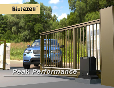 1800lb WiFi Sliding Gate Opener With Smart App Control One Half HP Rack Driven Gate Motor Includes Two Remote Controls And IR Sensor Complete Hardware Kits For Driveway Gates Up To Forty Feet, shown on sliding driveway gate