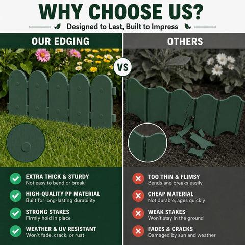 Comparison of Our Edging vs Others; Green Garden Border Edging Kit For DIY Yards 8 Piece Flexible Polypropylene Lawn Fence Panels 10 Ft Total