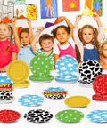 Legendary 7 Inch Cartoon Story Paper Plates 60 Pack Boy Birthday Party Supplies featuring colorful cloud and cow print designs.