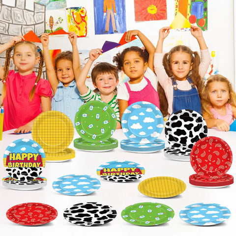 Legendary 7 Inch Cartoon Story Paper Plates 60 Pack Boy Birthday Party Supplies featuring colorful cloud and cow print designs.