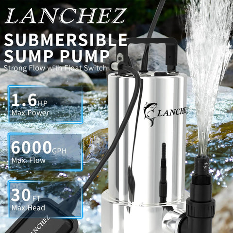 Beefy 1.6 HP Submersible Sump Pump With Stainless Steel Casing, 6000 GPH High Flow, 30 Ft Head, Automatic Float Switch outdoors