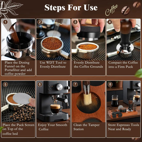 Steps for use of Premium Eight Piece Espresso Accessories Kit With 58Mm Tamper And Pro Distributor For Breville Gaggia Machines.