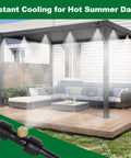 Outdoor Misting System for Patio Cooling 75Ft Water Mister Hose Kit with Brass Nozzles in use on pergola with outdoor seating