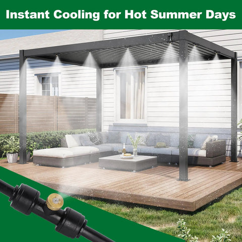 Outdoor Misting System for Patio Cooling 75Ft Water Mister Hose Kit with Brass Nozzles in use on pergola with outdoor seating