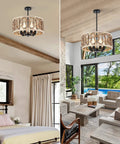 23-Inch 7-Light Rustic Wood Drum Chandelier With Metal Accents hanging in a modern living room and bedroom setting.