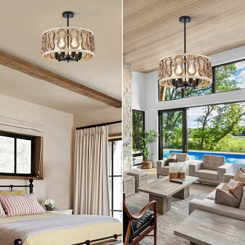 23-Inch 7-Light Rustic Wood Drum Chandelier With Metal Accents hanging in a modern living room and bedroom setting.