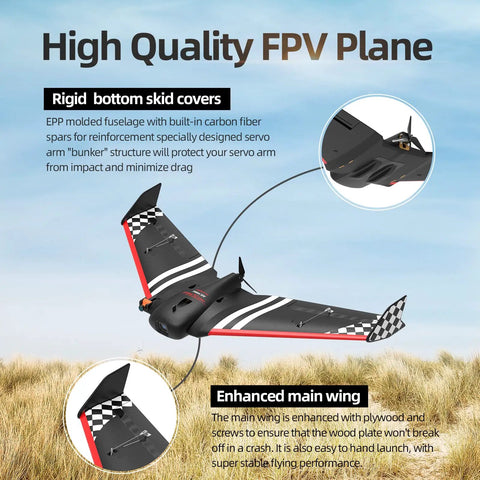 Sonic Modell AR Wing FPV RC Airplane for Adults flying over grass, showing durable EPP foam frame and carbon spar, 900mm wingspan.