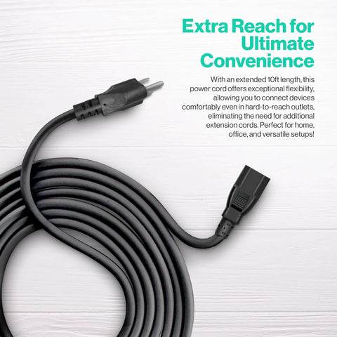 Long 10 Foot 3 Prong Power Cord For Computer Monitor TV Printer And PSU 125 To 250V NEMA 5 15P To IEC 60320 C13 Cable Replacement Lead For Home Theater PC Desktop Setup And Office Equipment, black coiled cord with 3-prong plug