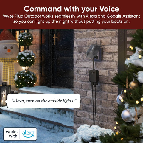 Outdoor Smart Plug With Dual Outlets And Energy Monitoring, Weatherproof IP64, 2.4GHz WiFi installed on brick wall in holiday decor