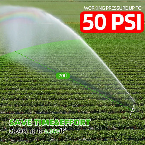 Heavy Duty Brass Impact Tripod Sprinkler With Pulsating Water And Telescoping Legs Delivers 360 Degree Coverage Up To 70 Feet Reaching 5660 Square Feet Perfect For Yard Lawn Garden Irrigation 16 26 Or 36 Inch Heights showing 70-foot water spray