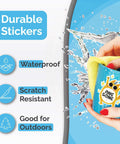 Front view of Amazon Durable Stickers packaging showing waterproof and scratch-resistant, outdoors icons