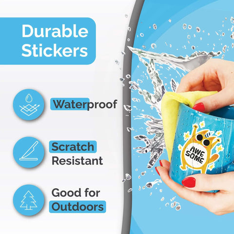 Front view of Amazon Durable Stickers packaging showing waterproof and scratch-resistant, outdoors icons