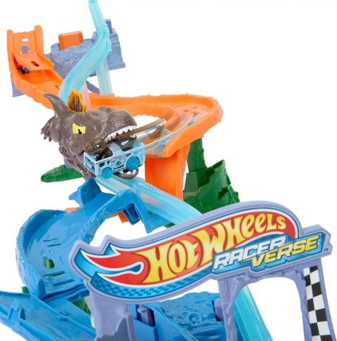 Detailed close-up of Hot Wheels RacerVerse Jurassic World Crash And Splash Playset with die-cast Velociraptor vehicle.