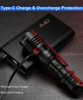 Beast Bright 2000 Lumen Tactical Flashlight With Rechargeable Power connected to USB-C for charging