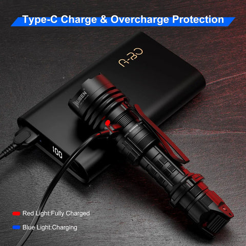 Beast Bright 2000 Lumen Tactical Flashlight With Rechargeable Power connected to USB-C for charging