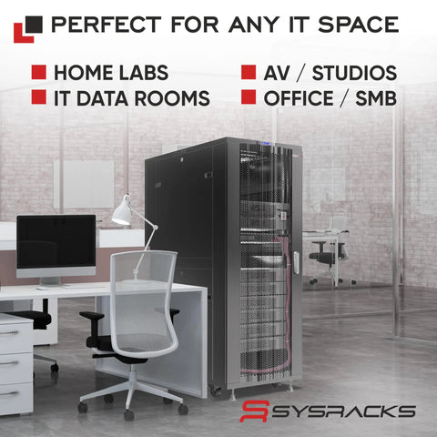 Top Tier 37U Floor Standing Server Rack With Sweet Airflow Mesh Front Heavy Duty 19 Inch Network Enclosure in office setting.