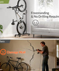 Vertical Bike Stand With Easy Rolling Wheels And Adjustable Height For 29 Inch Wheels shown freestanding with bike in an apartment