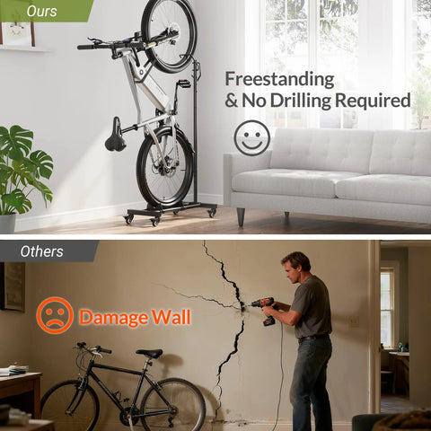 Vertical Bike Stand With Easy Rolling Wheels And Adjustable Height For 29 Inch Wheels shown freestanding with bike in an apartment