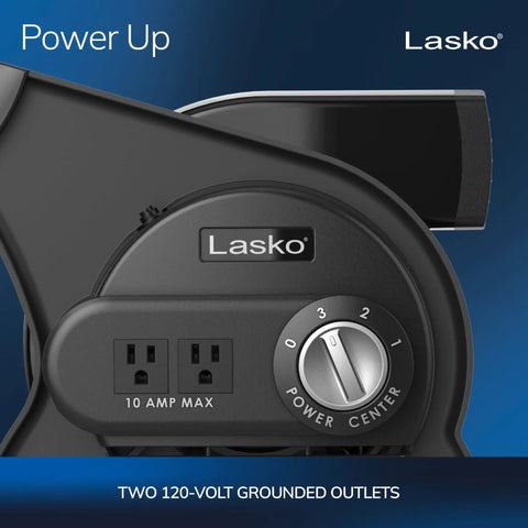 Close-up of controls and dual outlets on 12-Inch Portable Utility Fan With Pivoting High Velocity Air, 289 CFM, Three Speeds, 120V, Black.