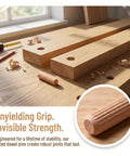 200 Pcs Wood Dowel Pins 8mm By 30mm Kit For Furniture And Shelves Fluted And Chamfered Hardwood Rods With Smooth Splinter Free Surface Easy To Install And Strength Boost For DIY Projects, shown in oak joint holes