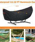 Waterproof Hammock Cover For 11 To 12 Ft Hammock Stands With Windproof Straps And Soft Cotton Lining All Weather UV Dust Snow Protection 210T Durable Rain Guard For 11 To 12 Foot Setups shown on a hammock stand.