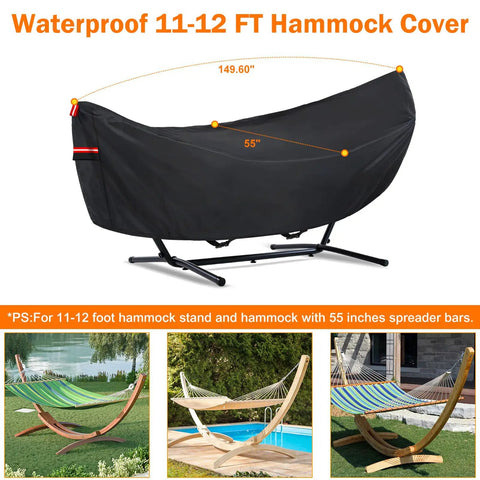 Waterproof Hammock Cover For 11 To 12 Ft Hammock Stands With Windproof Straps And Soft Cotton Lining All Weather UV Dust Snow Protection 210T Durable Rain Guard For 11 To 12 Foot Setups shown on a hammock stand.