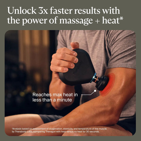 Person using Mini Plus Massage Gun With Heat For Faster Recovery On The Go on arm, demonstrating heat feature on muscle.