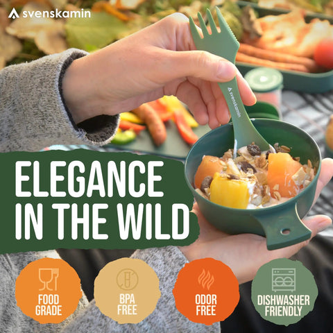 Close-up of hand holding camping bowl with fork, part of All In One 4 Person Camping Mess Kit With 14 Piece Dinnerware Set.