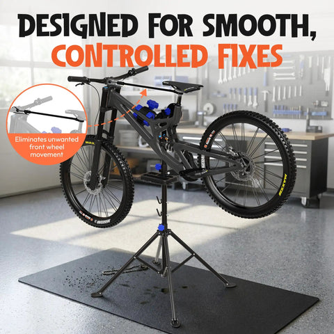 Bike Repair Stand With Workstand Mat And Detachable Wall Mount Clamp Ebike Floor Holder Travel Bag Two Hooks And More Bicycle Lift Frame For Indoor Outdoor Use Ideal For Mountain Bikes And Home Repairs in garage setup with mountain bike displayed.