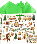 Camping Themed Gift Bag With Tissue Paper And Greeting Card Watercolor Woodland Forest Adventure Design For First Birthday Bash, Baby Shower Or One Year Old Celebration, Wrapping Bag For Outdoor Fun